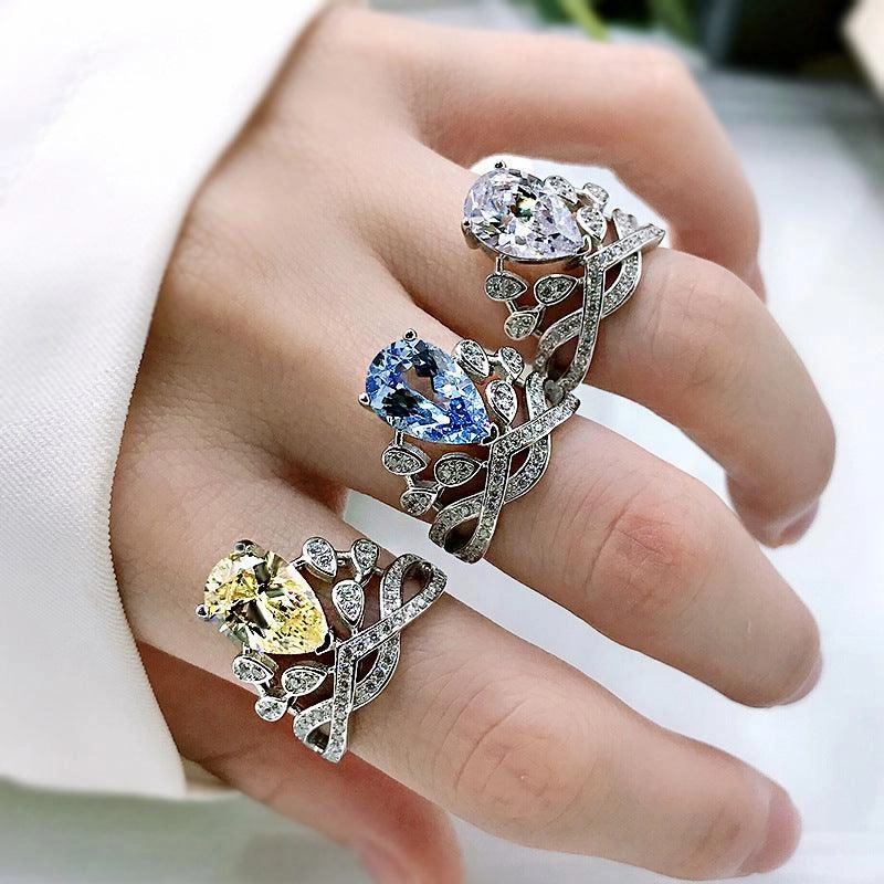 New Pear-shaped Water Drop Personalized Yellow Diamond Crown 8x12mm Ring