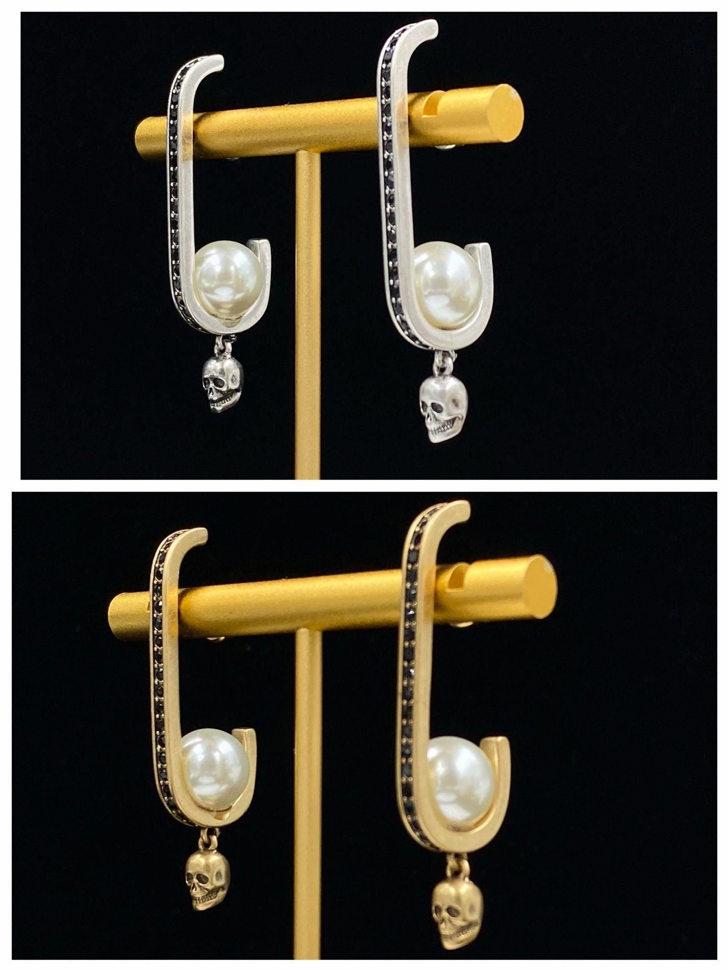 New Skull Head Women's Pearl Brass And Diamond Earrings