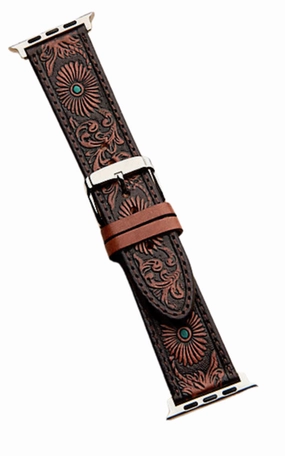 Nocona Tooled Leather & Turquiose Apple Watch Band texture-rose-gold  