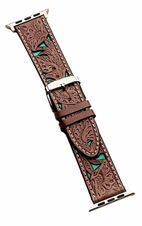 Nocona Tooled Leather & Turquiose Apple Watch Band texture-rose-gold  