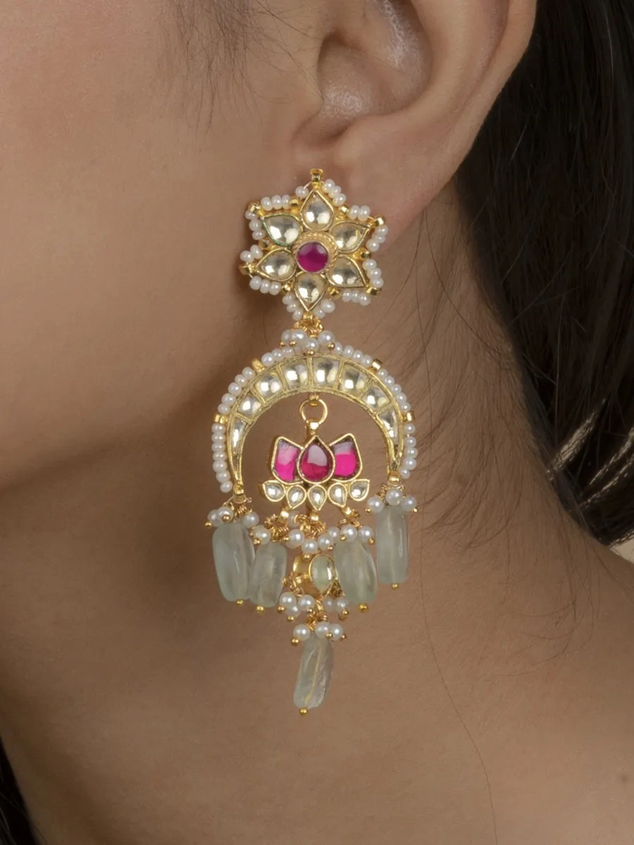 Nushrratt Bharuccha in Pink Color Gold Plated Jadau Kundan Earrings - ME700M