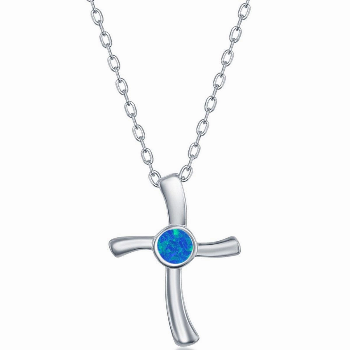 Opalata Women's Necklace and Earrings Set - Sterling Silver Blue Opal Cross | SET-583