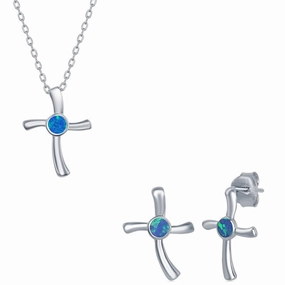 Opalata Women's Necklace and Earrings Set - Sterling Silver Blue Opal Cross | SET-583 suit-set  