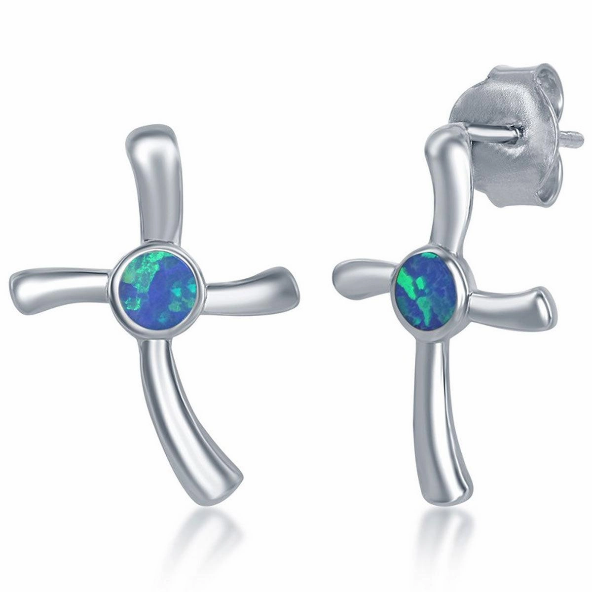 Opalata Women's Necklace and Earrings Set - Sterling Silver Blue Opal Cross | SET-583