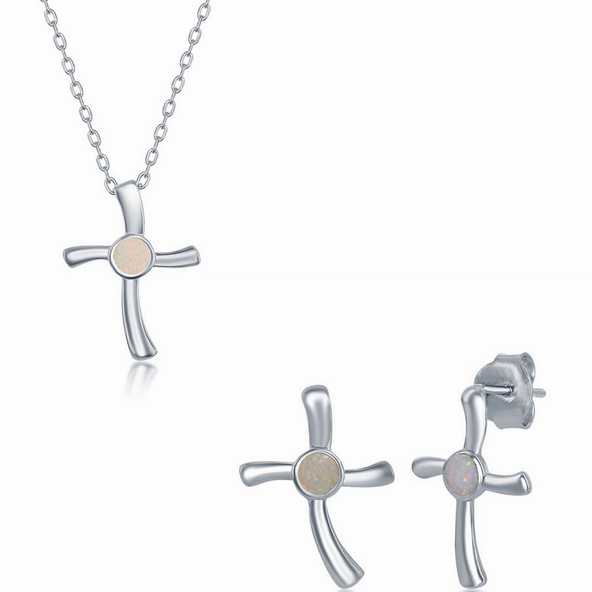 Opalata Women's Necklace and Earrings Set - Sterling Silver White Opal Cross | SET-584 suit-set  