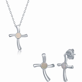 Opalata Women's Necklace and Earrings Set - Sterling Silver White Opal Cross | SET-584 suit-set  