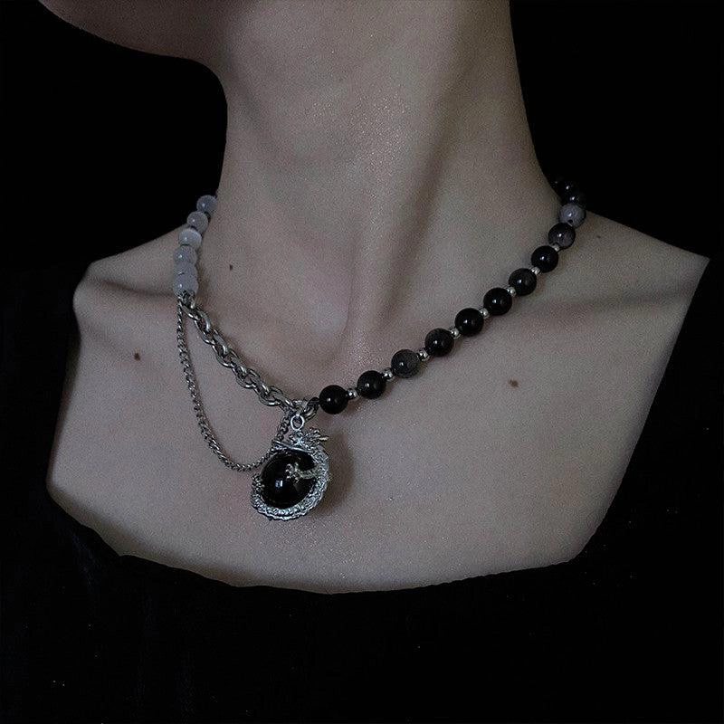 Original Minority New Black Agate Silver Dragon Pendant Titanium Steel Necklace 