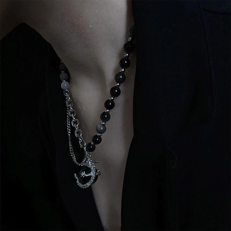 Original Minority New Black Agate Silver Dragon Pendant Titanium Steel Necklace