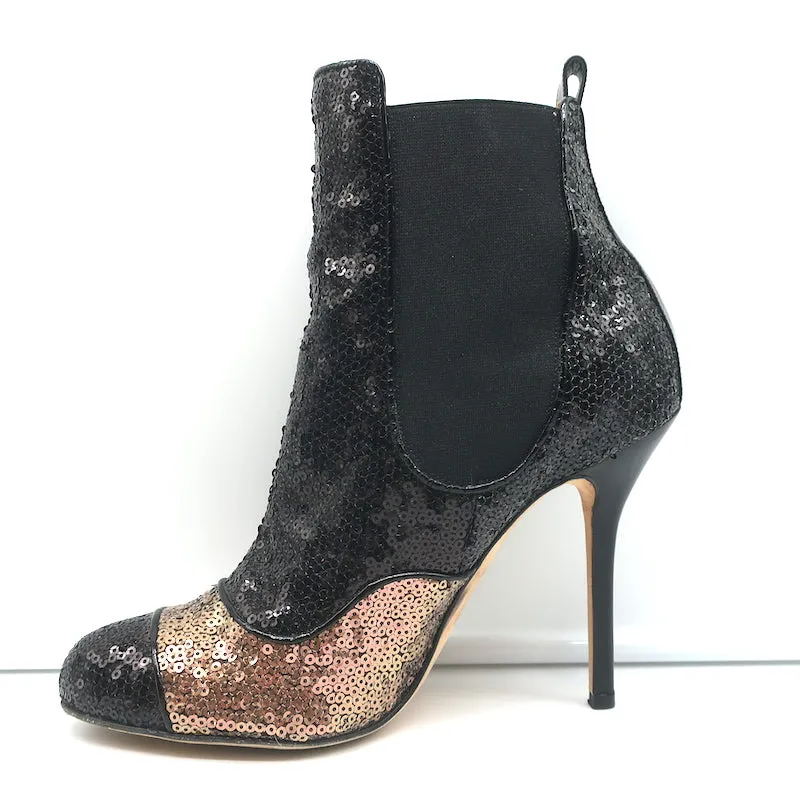 Oscar de la Renta Zweifarbige Pailletten-Stiefeletten Schwarz/Kupfer Größe 40