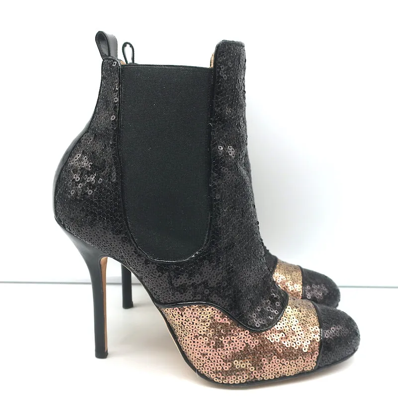 Oscar de la Renta Zweifarbige Pailletten-Stiefeletten Schwarz/Kupfer Größe 40