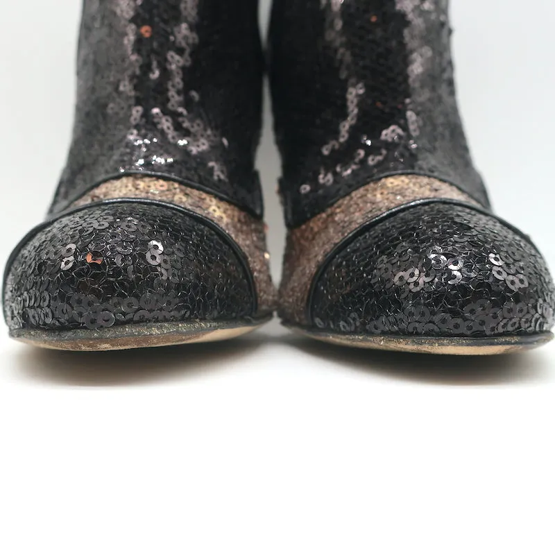 Oscar de la Renta Zweifarbige Pailletten-Stiefeletten Schwarz/Kupfer Größe 40