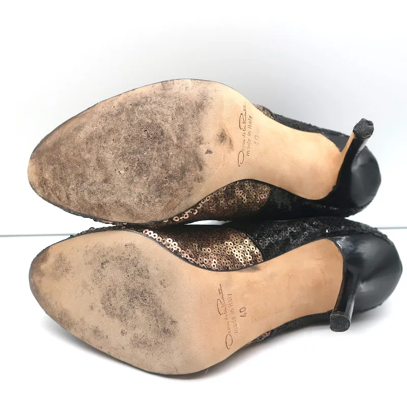 Oscar de la Renta Zweifarbige Pailletten-Stiefeletten Schwarz/Kupfer Größe 40