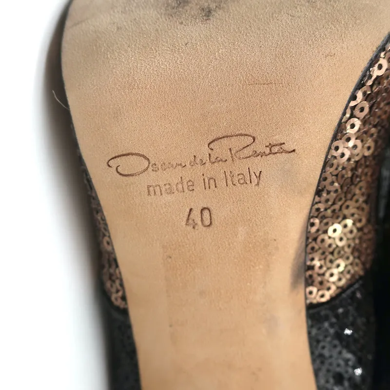 Oscar de la Renta Zweifarbige Pailletten-Stiefeletten Schwarz/Kupfer Größe 40