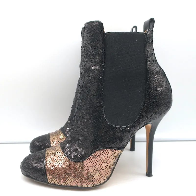 Oscar de la Renta Zweifarbige Pailletten-Stiefeletten Schwarz/Kupfer Größe 40