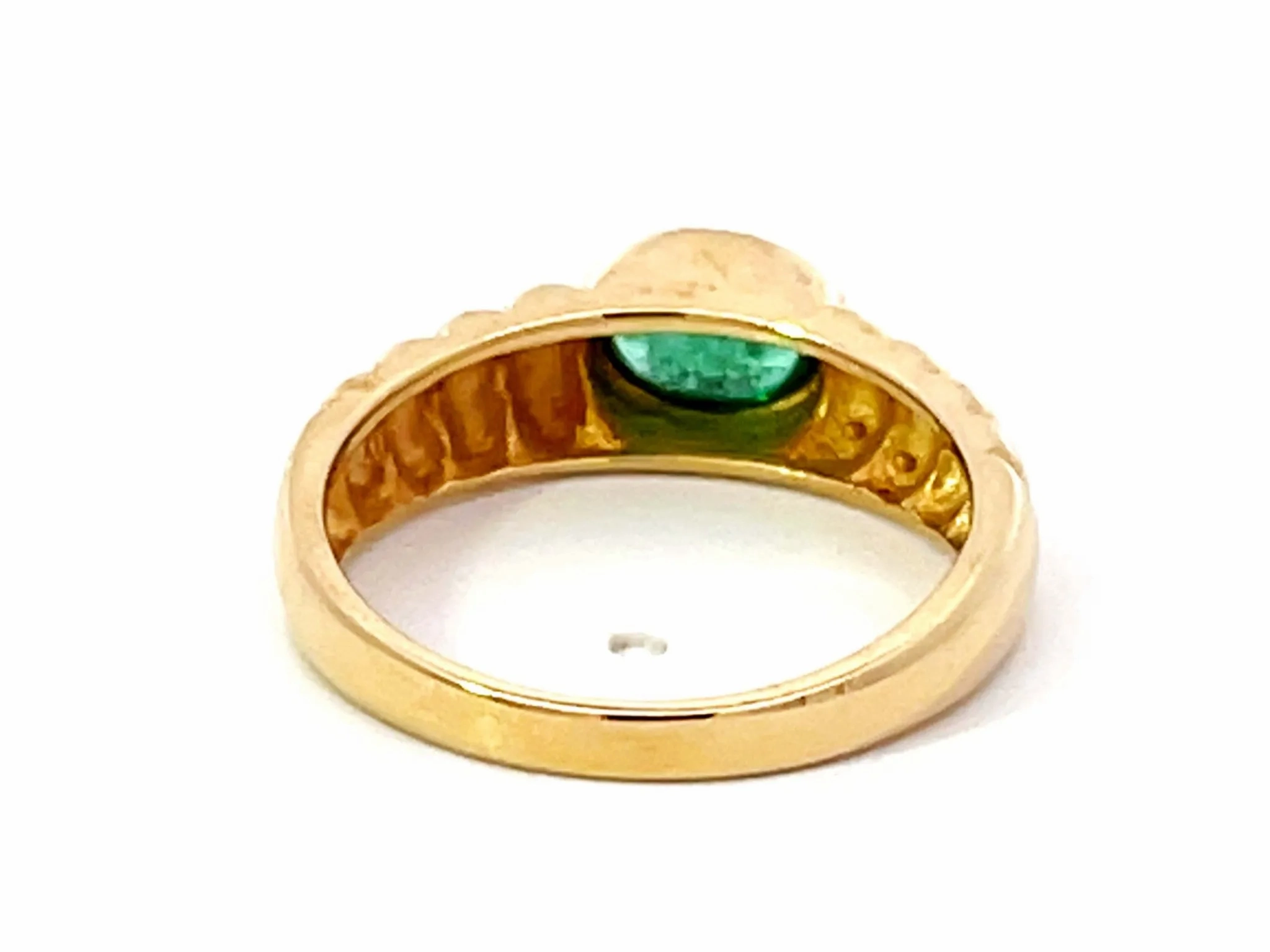 Oval Cabochon Green Emerald Ribbed Band Ring 14k Yellow Gold
