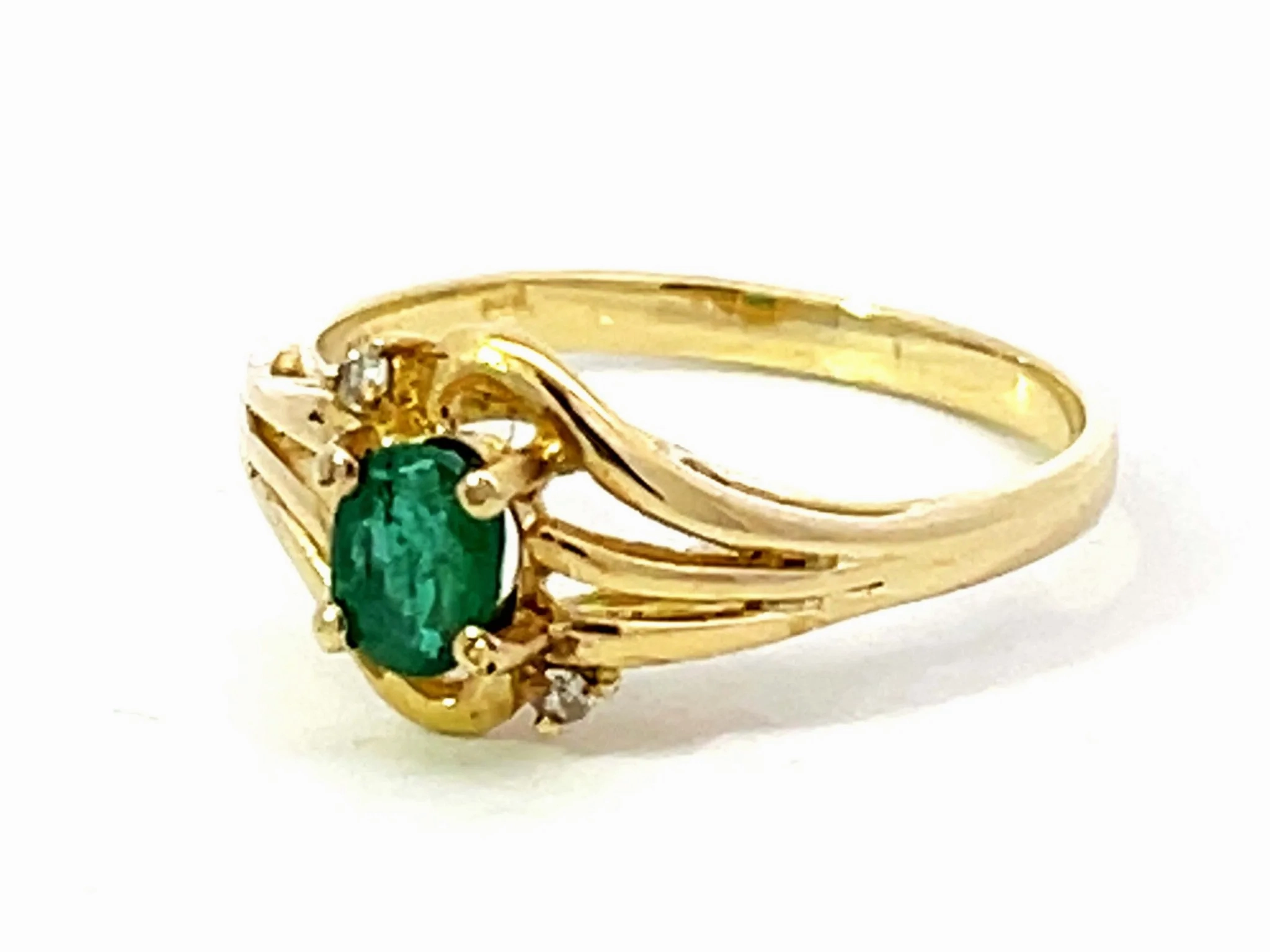 Oval Green Emerald and 2 Diamond Stackable Ring in 14k Yellow Gold