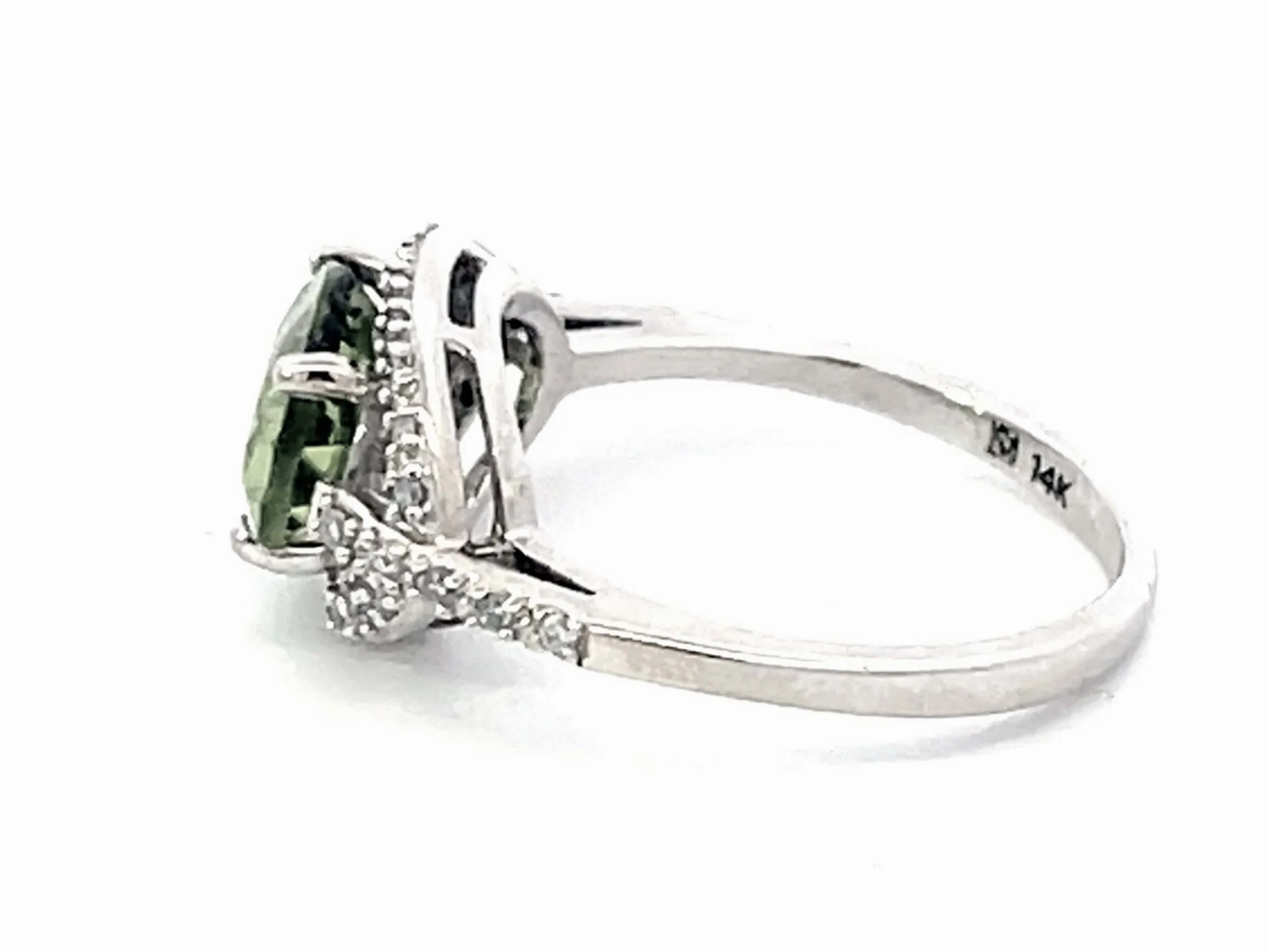 Oval Green Peridot and Diamond Halo Ring in 14k White Gold