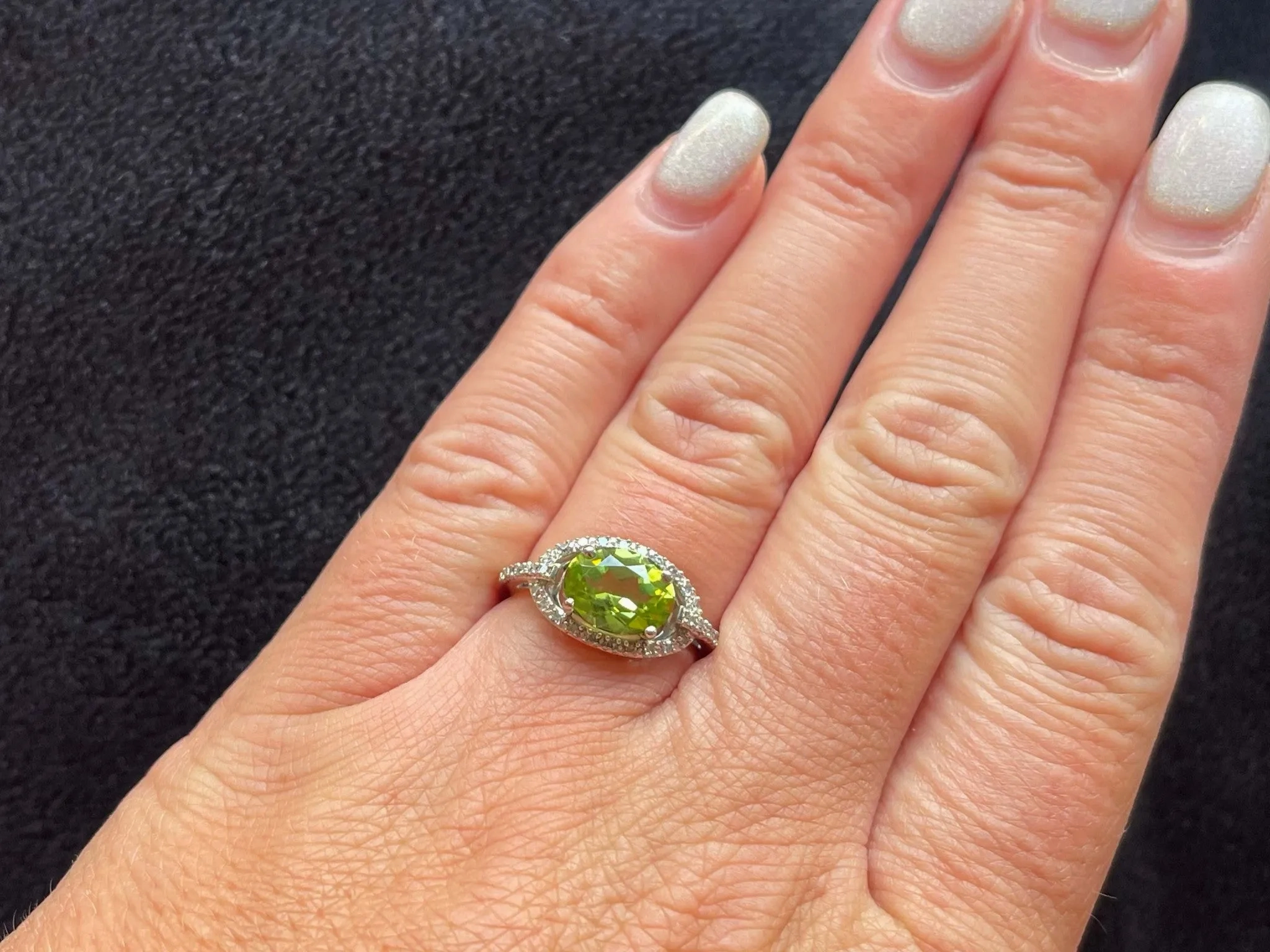 Oval Green Peridot and Diamond Halo Ring in 14k White Gold