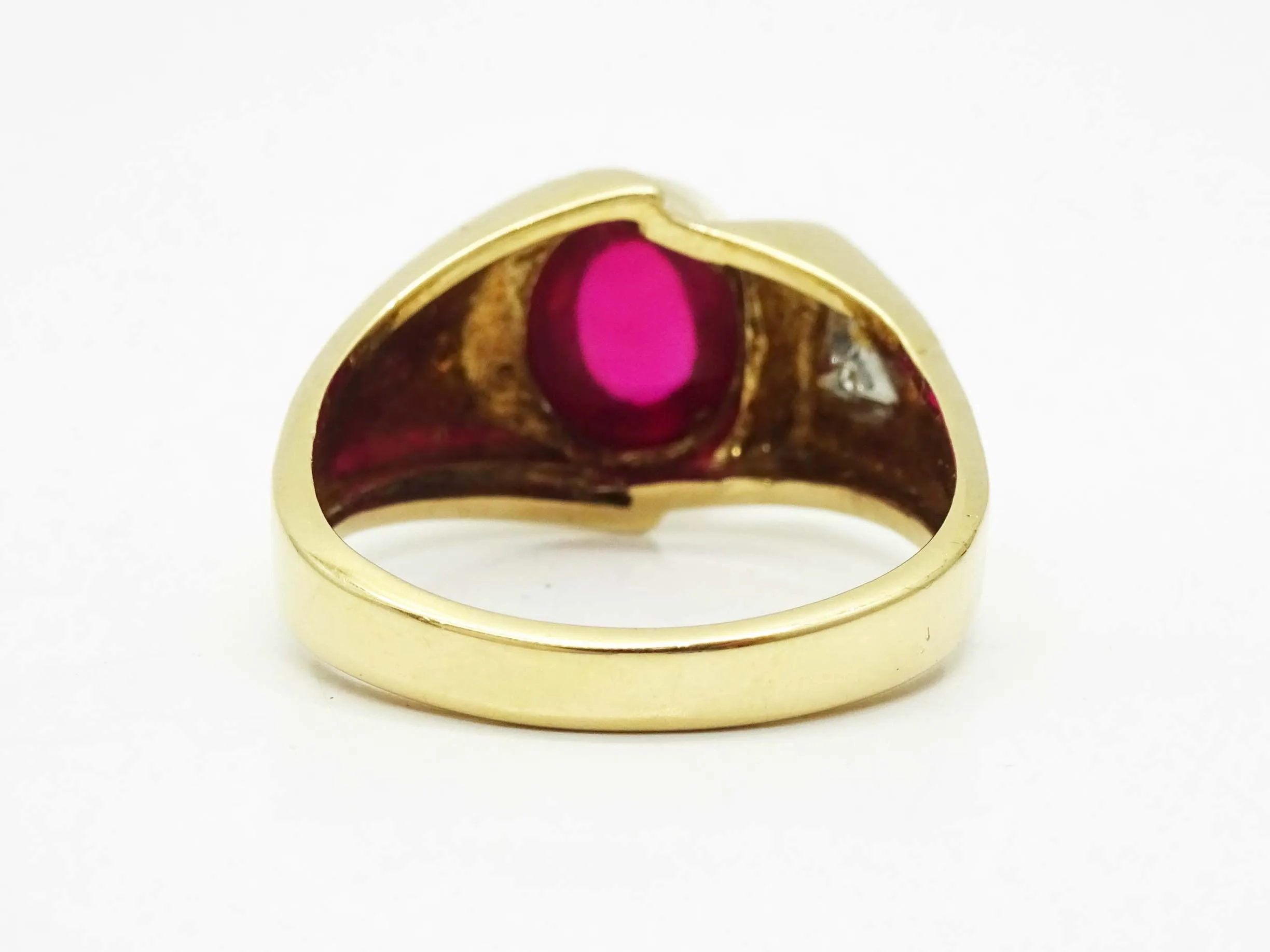 Oval Red Glass Cabochon &amp; Natural Diamond Ring 10k Gold Size 10.5