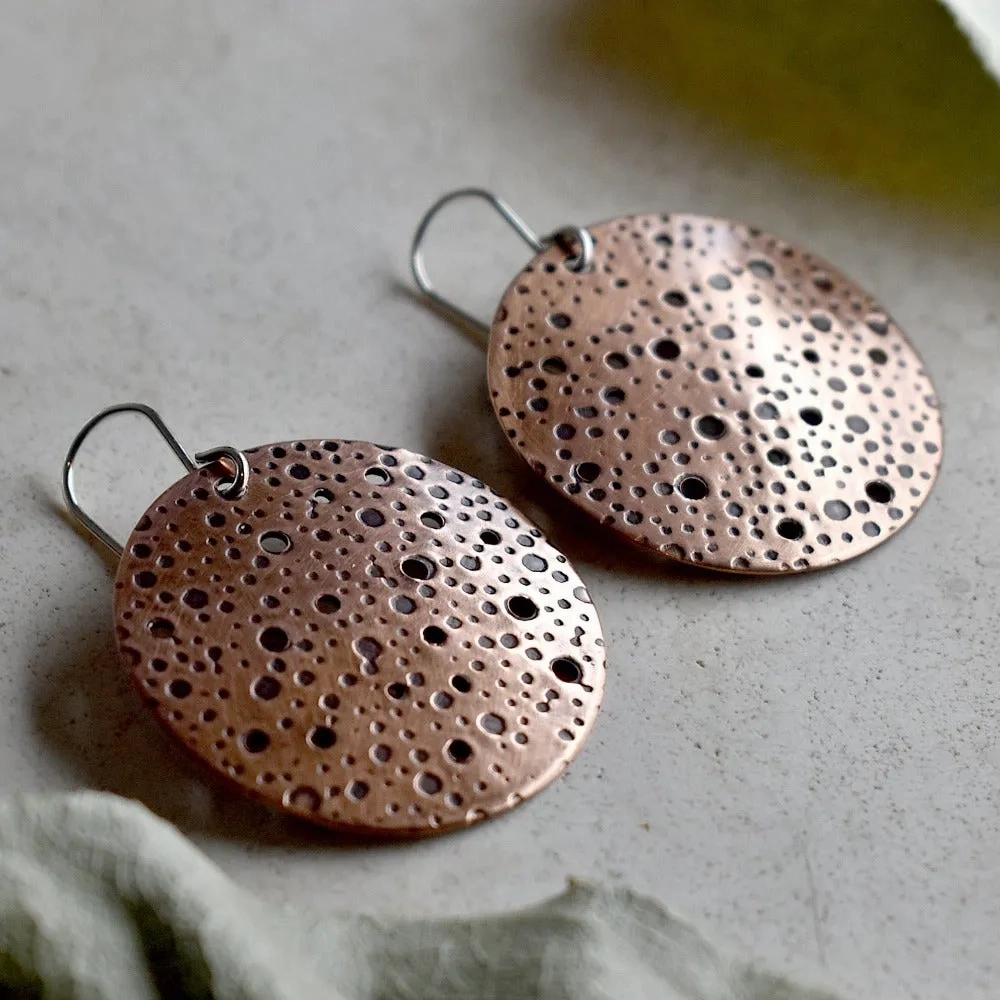Oxidized Dots Large Copper Disc Drop Earrings