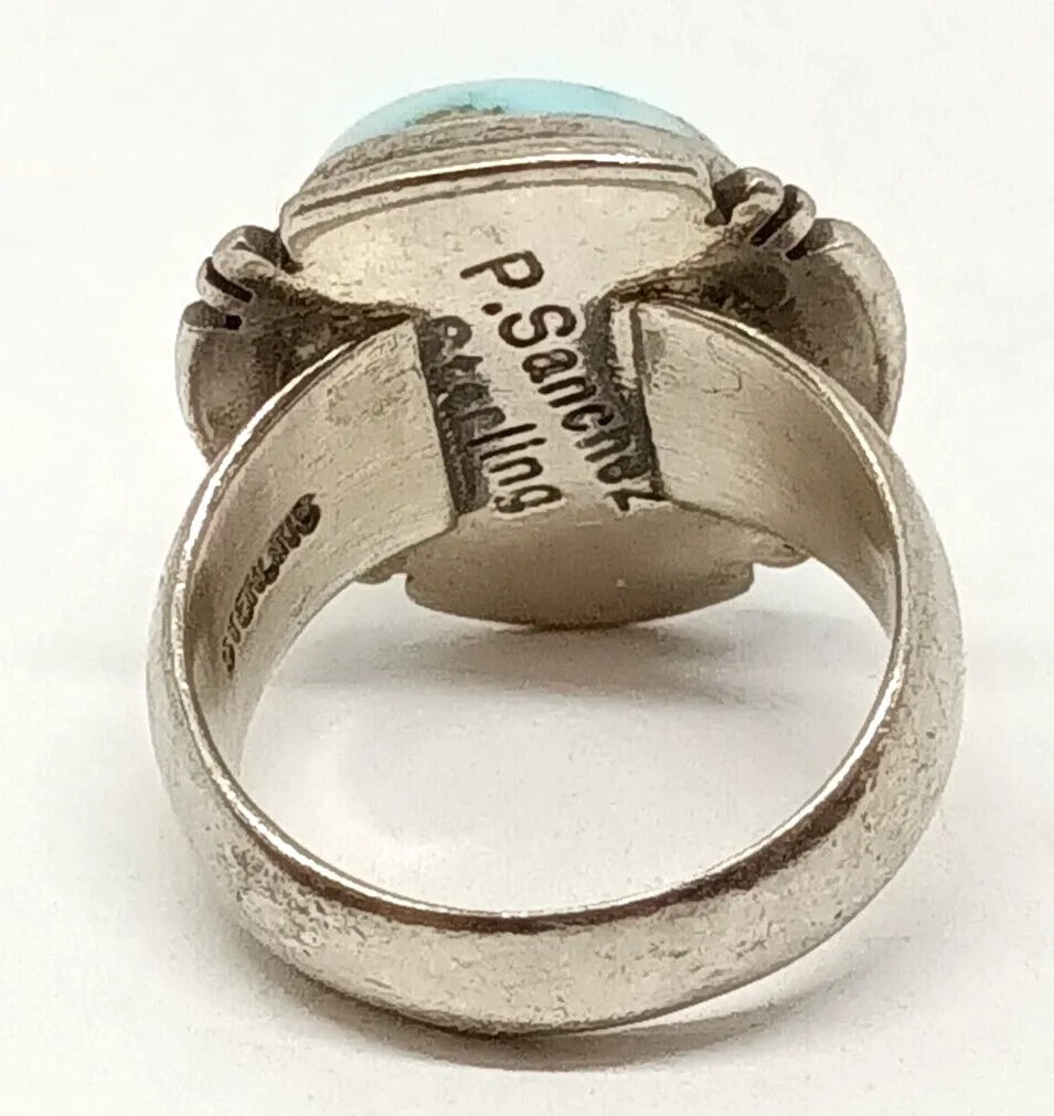 P. Sanchez Native American Signed Turquoise Sterling Silver Ring Size 6, 10.1g