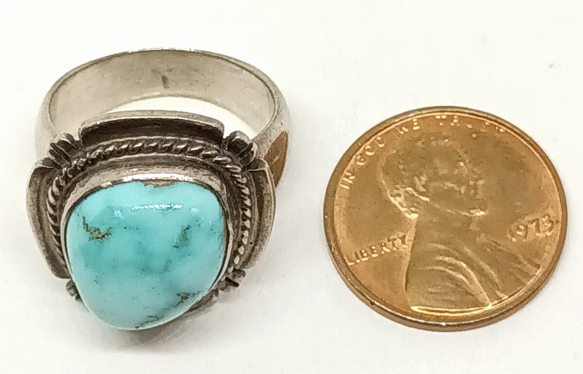P. Sanchez Native American Signed Turquoise Sterling Silver Ring Size 6, 10.1g