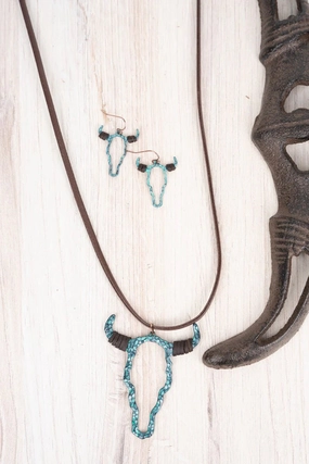 Patina Springville Pointe Steer Head Cord Necklace and Earring Set texture-rose-gold  