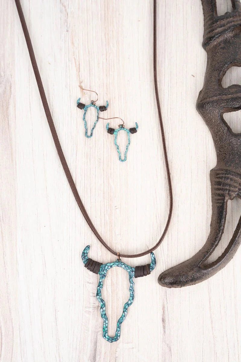 Patina Springville Pointe Steer Head Cord Necklace and Earring Set texture-rose-gold  
