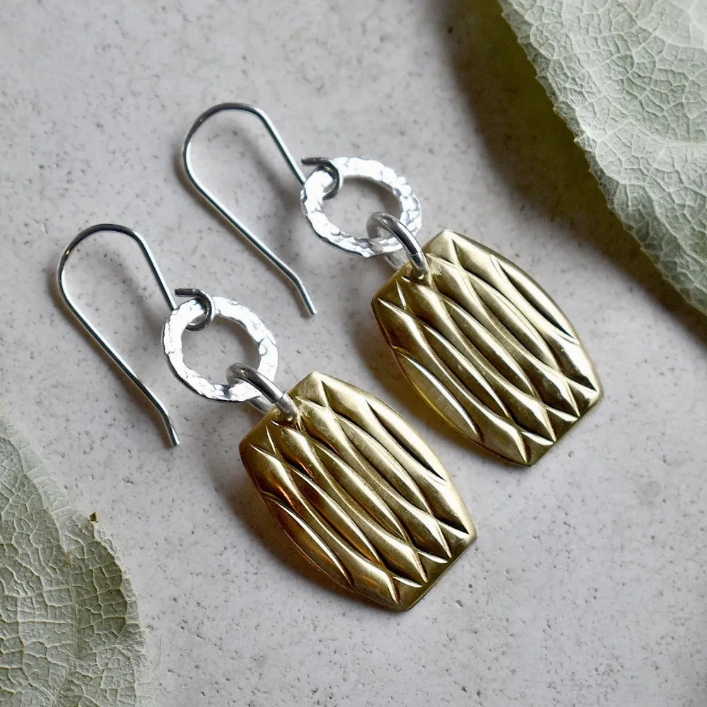 Patterned Brass &amp; Silver Drop Earrings
