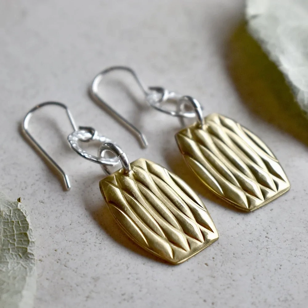 Patterned Brass &amp; Silver Drop Earrings
