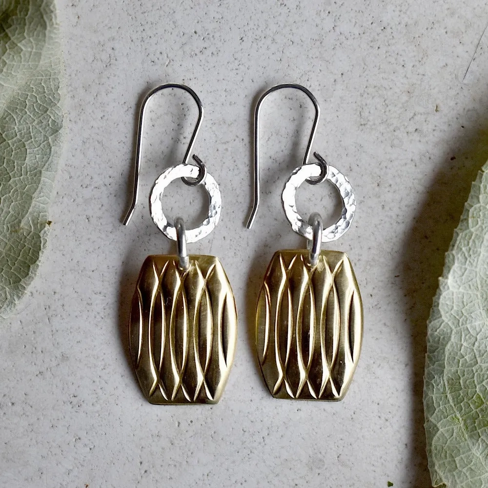 Patterned Brass &amp; Silver Drop Earrings