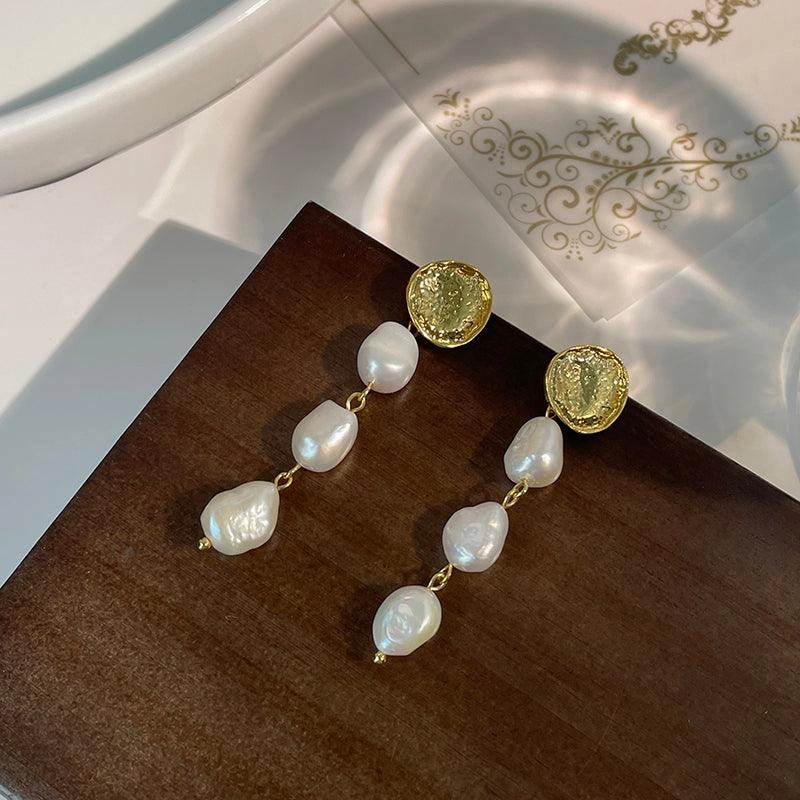 Pearl Gold Coin Spliced Metal Long Earrings