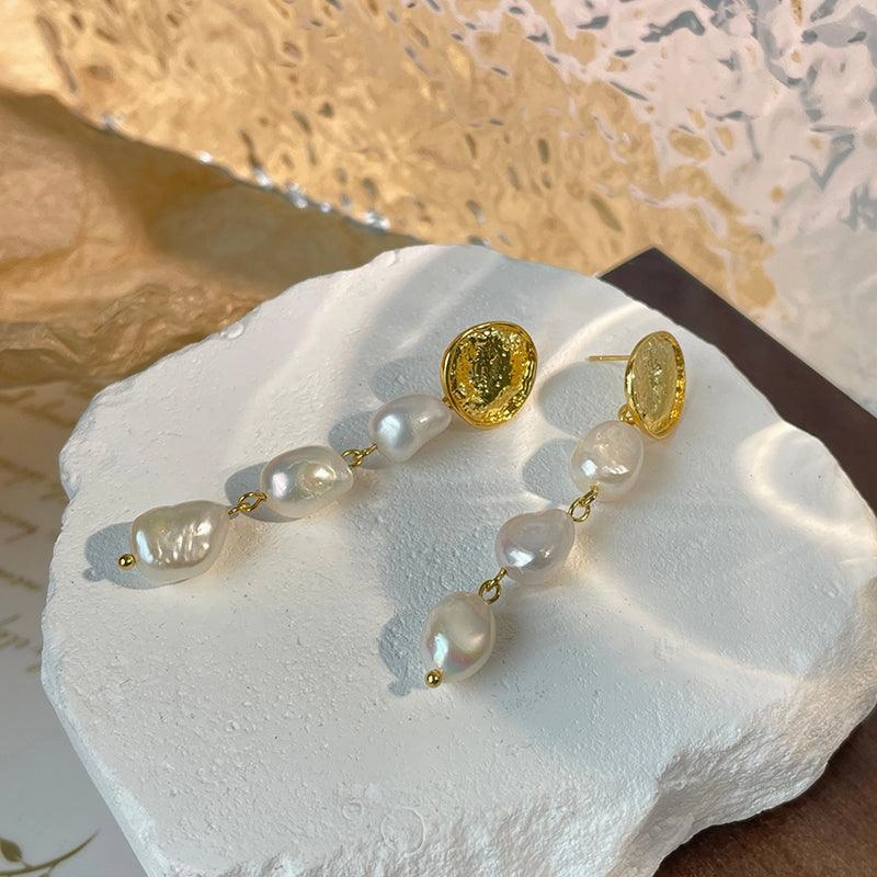 Pearl Gold Coin Spliced Metal Long Earrings