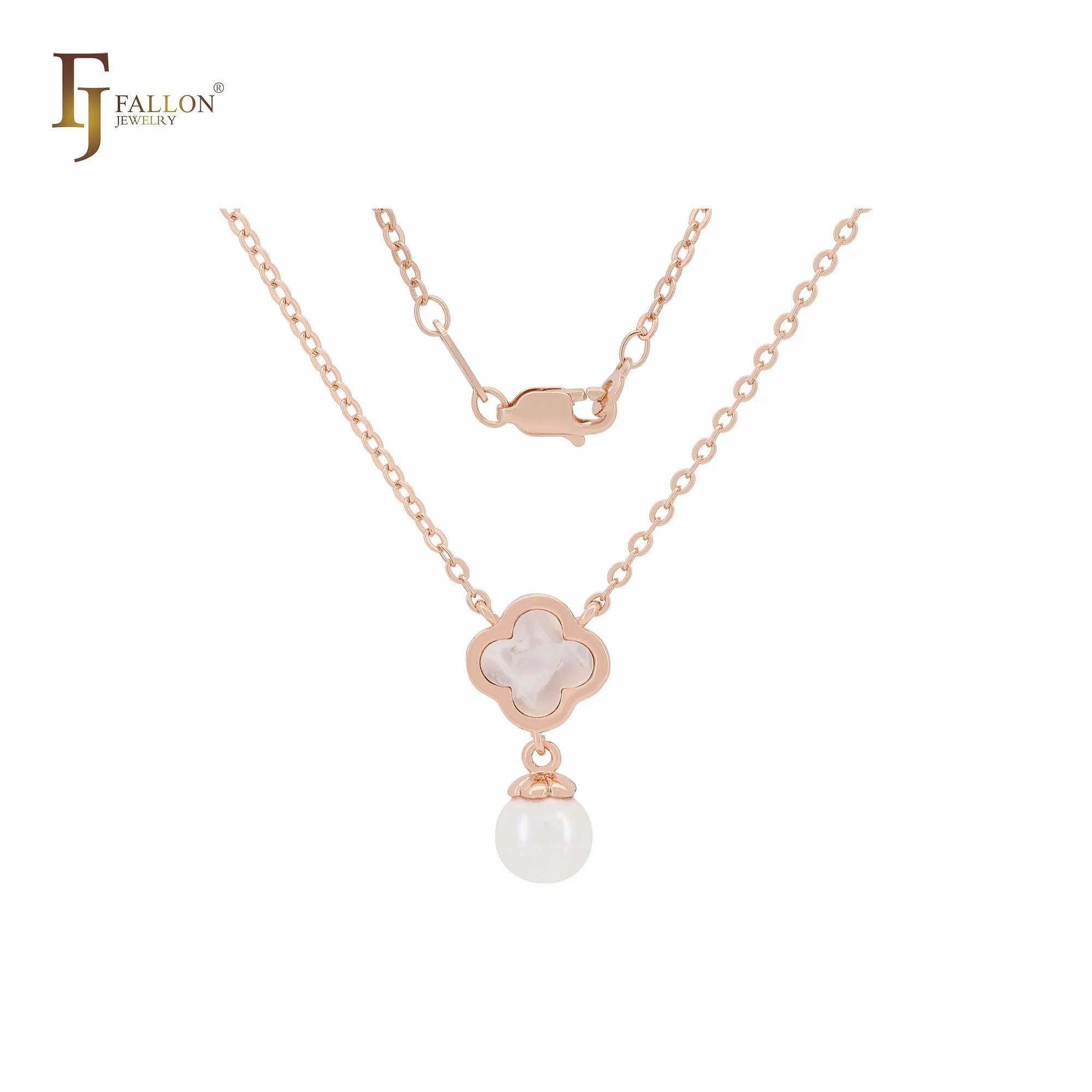 Pearl with Clover of white or Black Rose Gold Fashion Necklace