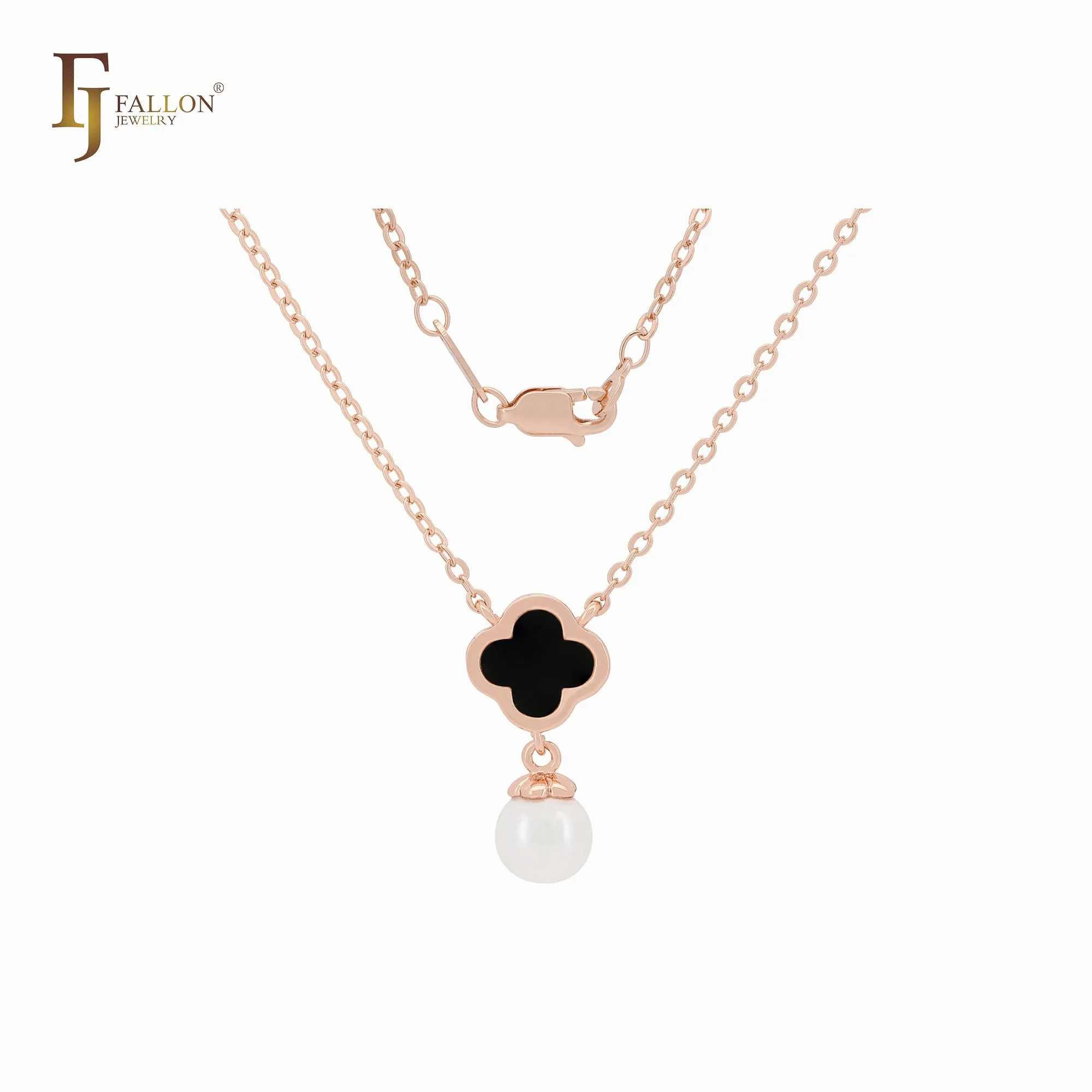 Pearl with Clover of white or Black Rose Gold Fashion Necklace