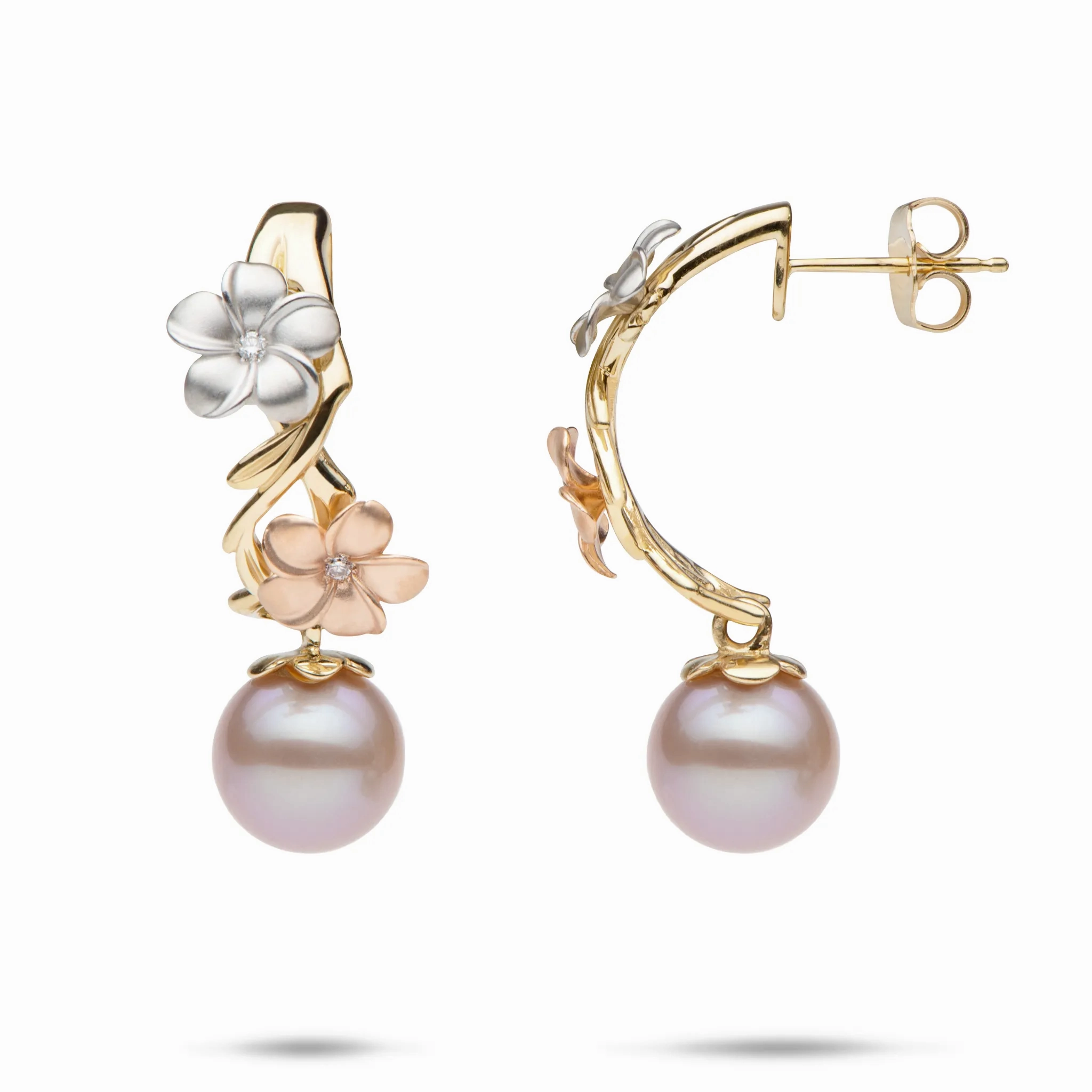 Pearls in Bloom Plumeria Lavender Freshwater Pearl Earrings in Tri Color Gold with Diamonds -23mm