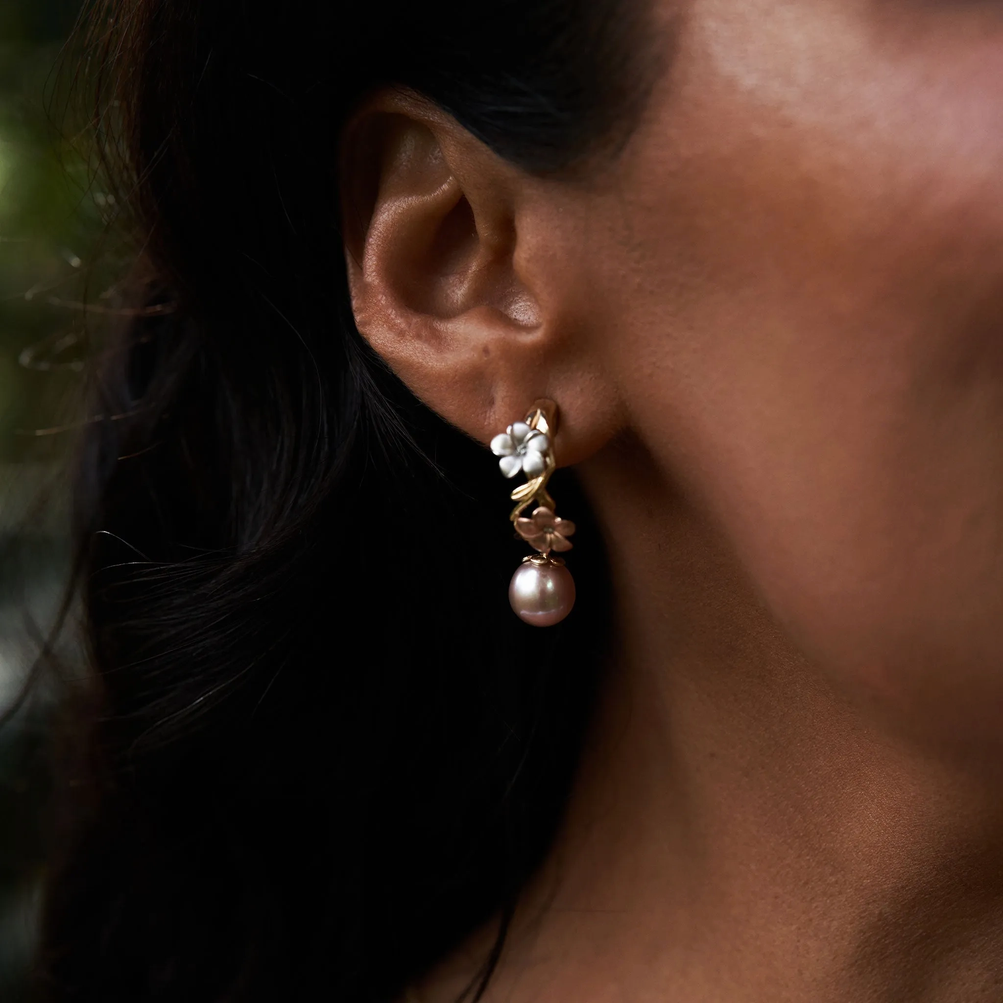 Pearls in Bloom Plumeria Lavender Freshwater Pearl Earrings in Tri Color Gold with Diamonds -23mm