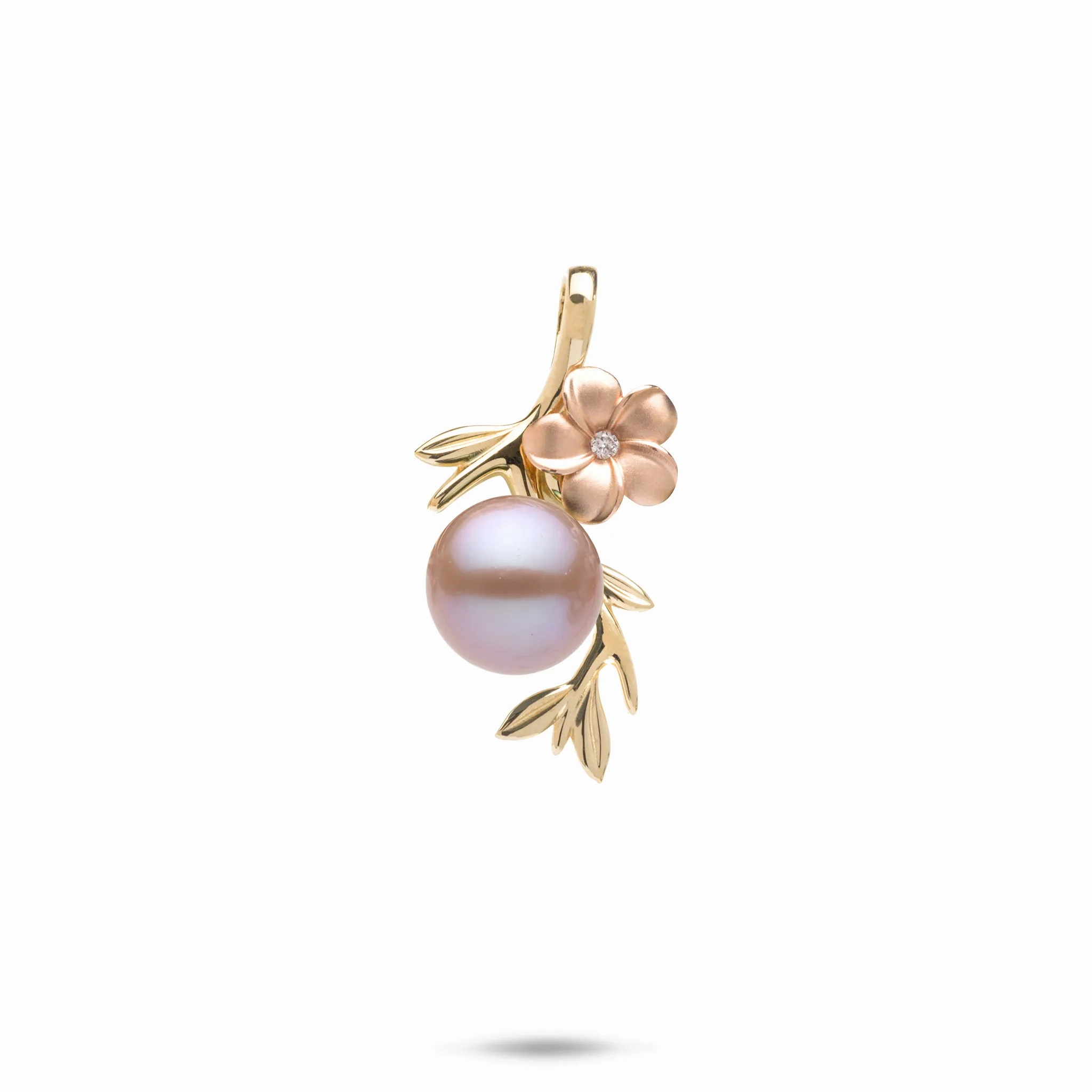 Pearls in Bloom Plumeria Lavender Freshwater Pearl Pendant in Two Tone Gold with Diamonds - 25mm