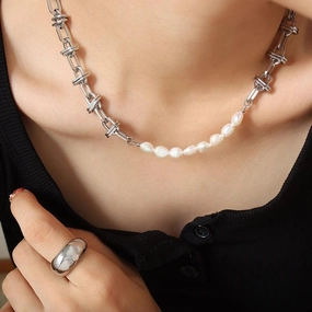 Personalized Freshwater Pearl Zircon Stitching Chain Necklace 
