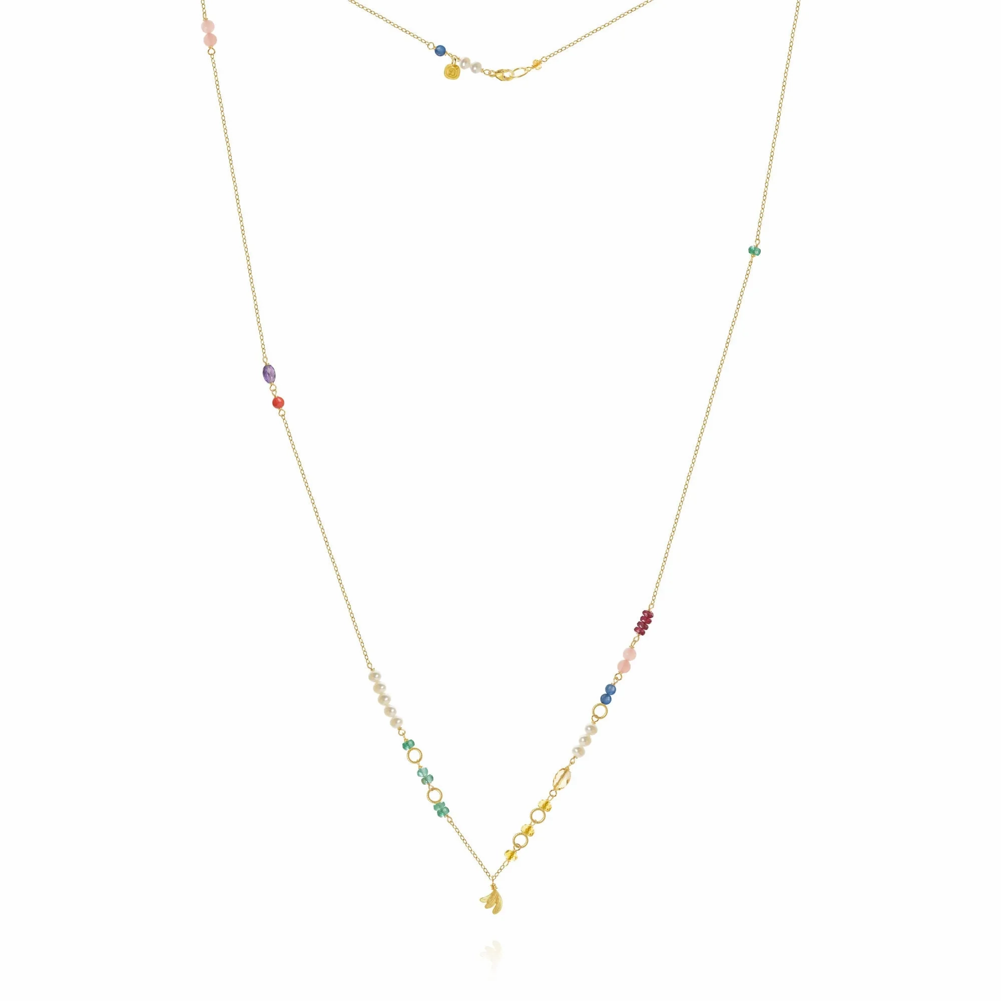 Piccolo Bloom Leaf 18K Gold Necklace, 62 cm w. Emerald, Ruby, Quartz, Kyanite, Pearl, Citrin, Coral &amp; Amethyst