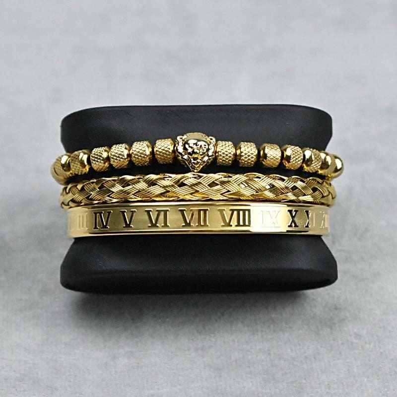 Pineapple Beads Mesh Stainless Steel Lion's Head Braided Bracelet Suit