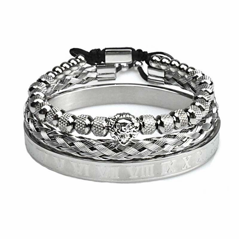 Pineapple Beads Mesh Stainless Steel Lion's Head Braided Bracelet Suit