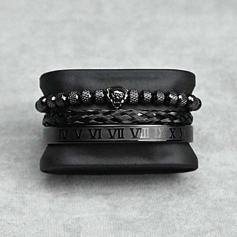 Pineapple Beads Mesh Stainless Steel Lion's Head Braided Bracelet Suit
