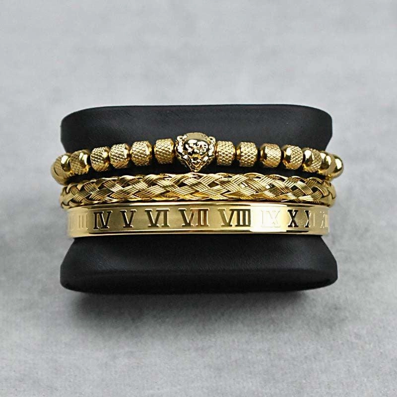 Pineapple Beads Mesh Stainless Steel Lion's Head Braided Bracelet Suit 