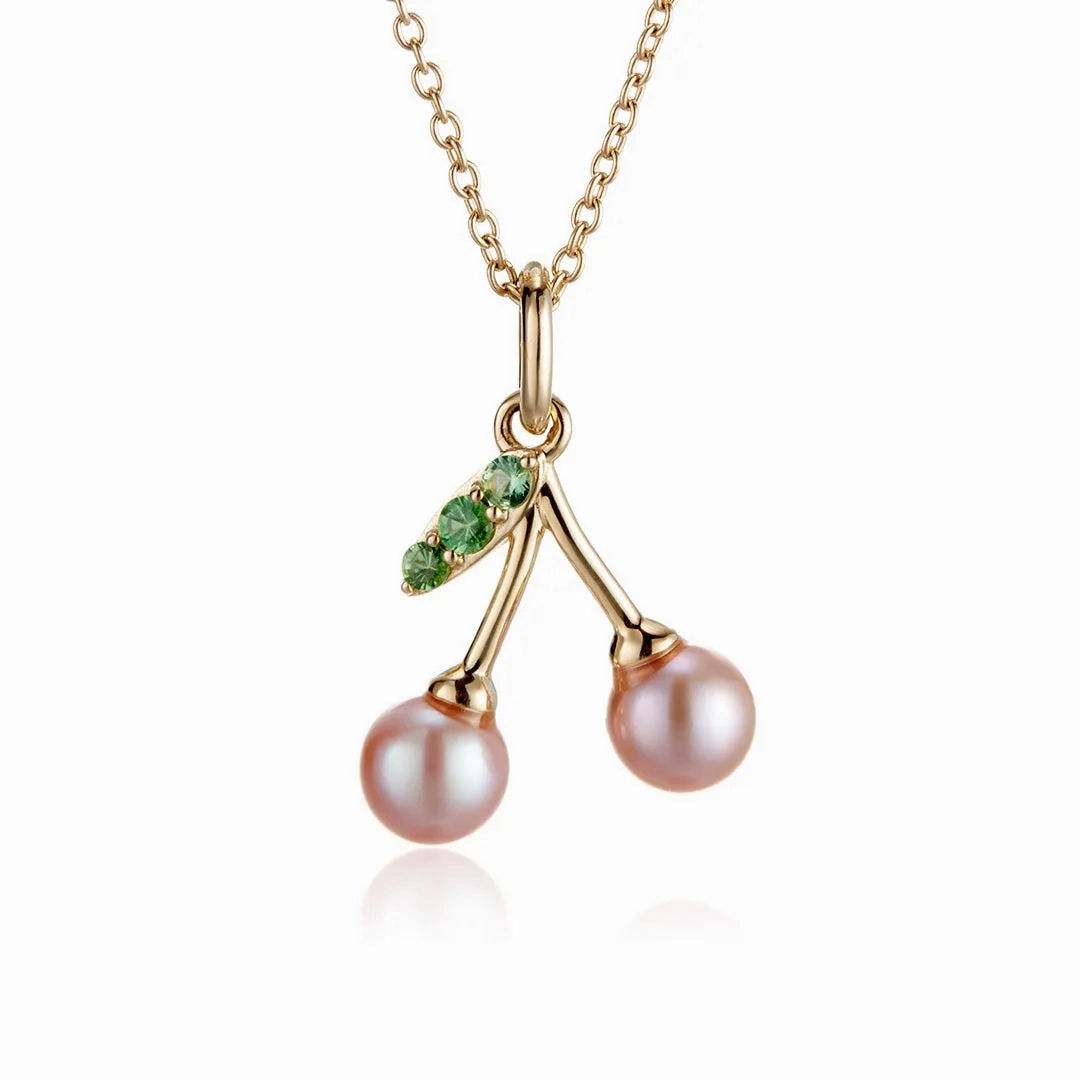 Pink Pearl &amp; Tsavorite Cherry Pendant Necklace