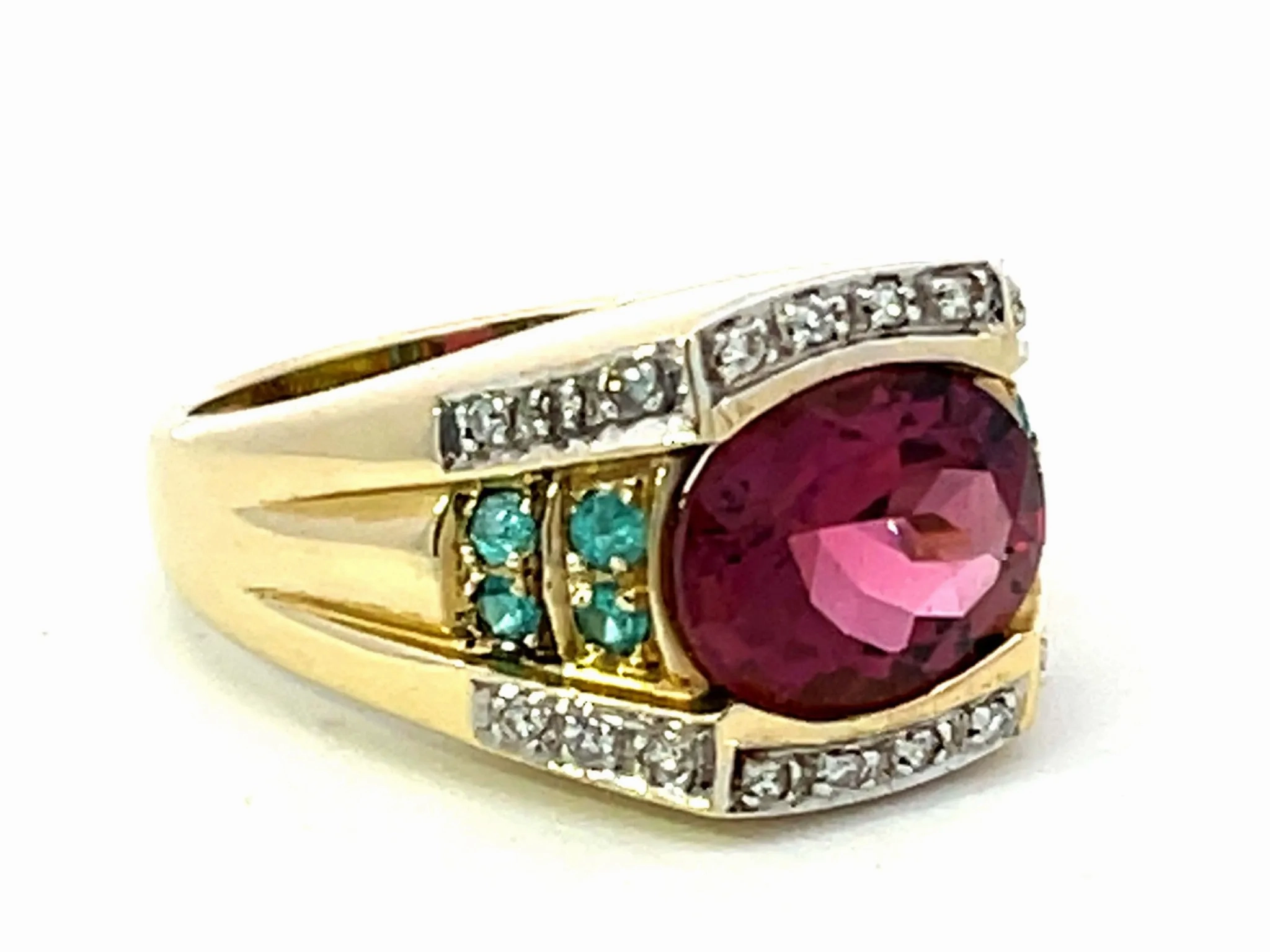 Pink Rubellite Garnet, Blue Paraiba and Tourmaline Diamond Ring 14k Yellow Gold