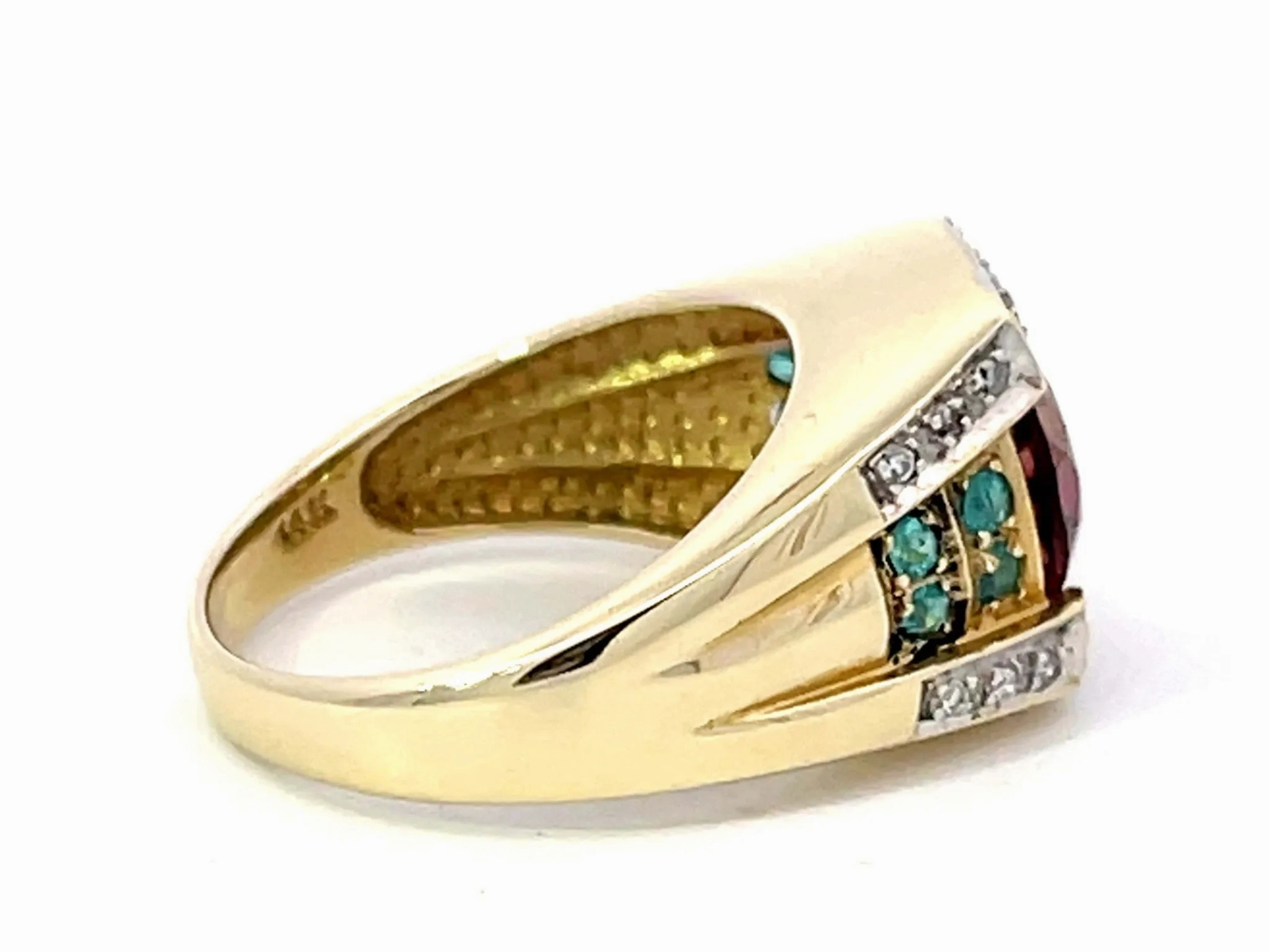 Pink Rubellite Garnet, Blue Paraiba and Tourmaline Diamond Ring 14k Yellow Gold
