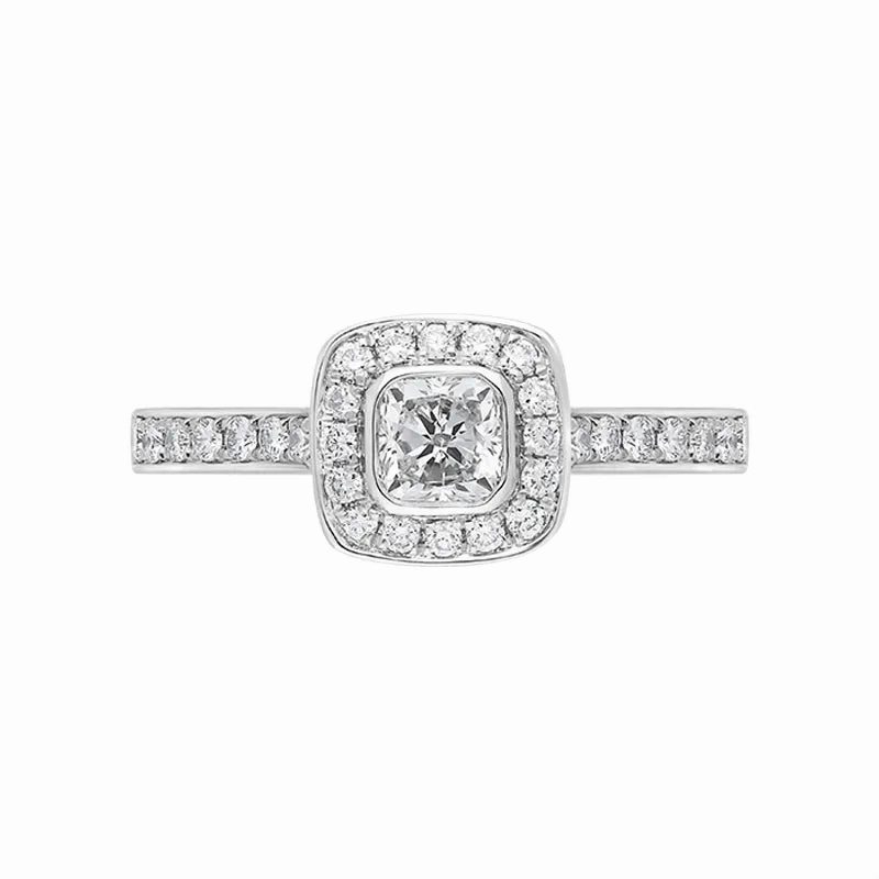 Platinum 0.66ct Diamond Cushion Cut Shoulder Set Cluster Ring