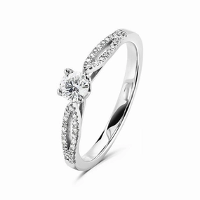 Platinum 4 claw set round brilliant cut Diamond solitaire ring with split claw set Diamond shoulders texture-diamond  