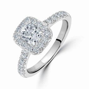 Platinum Cushion Cut Diamond Halo Ring with Diamond Shoulders texture-diamond  